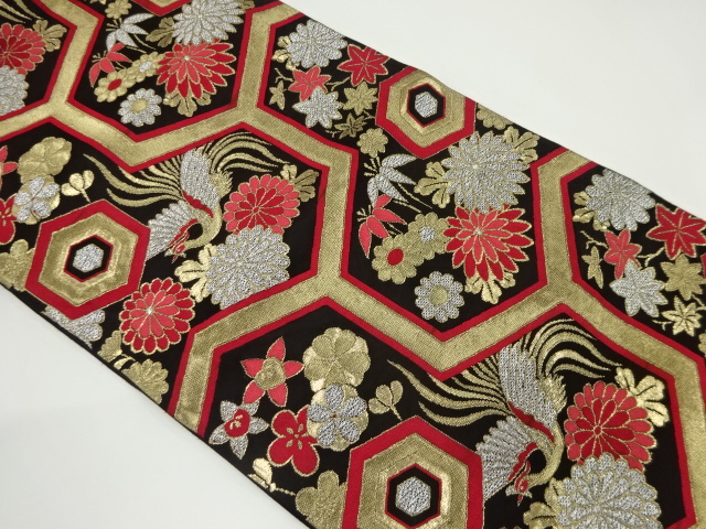 アンティーク　毘沙門亀甲に花鳥模様織り出し袋帯（材料）
